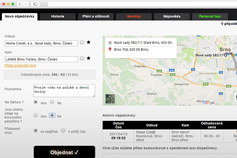 Ukázka objednání taxi pro firmy aplikace