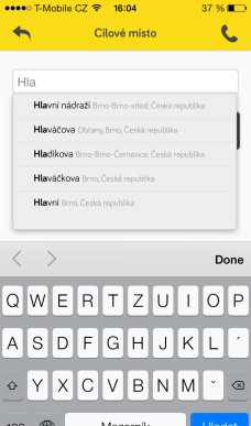 Mobilní aplikace taxi volba cílového místa